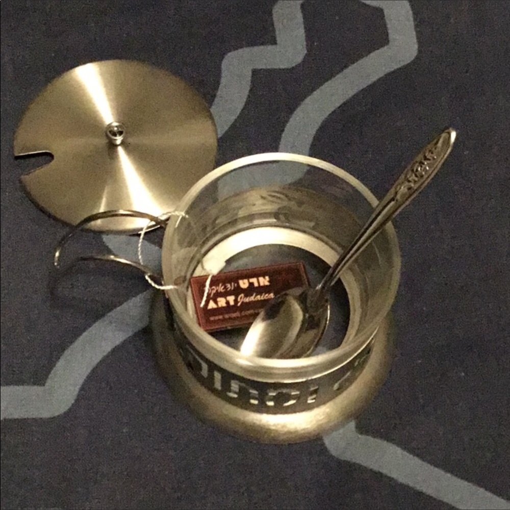 BNIB metal honey dish with spoon and lid